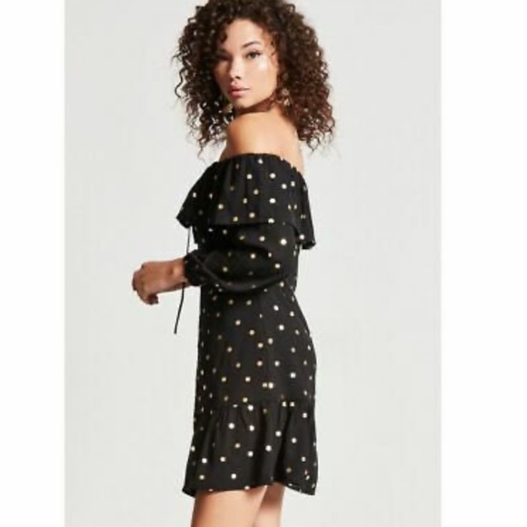 Forever 21 Dresses & Skirts - Forever 21 Medium off shoulder black tie bust dress with gold polka dots